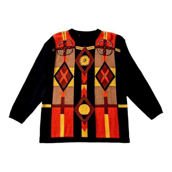 Chunky Knit Sweater Color Blocks Beaded Embroidery Retro Vibe XL - Picture 2 of 7